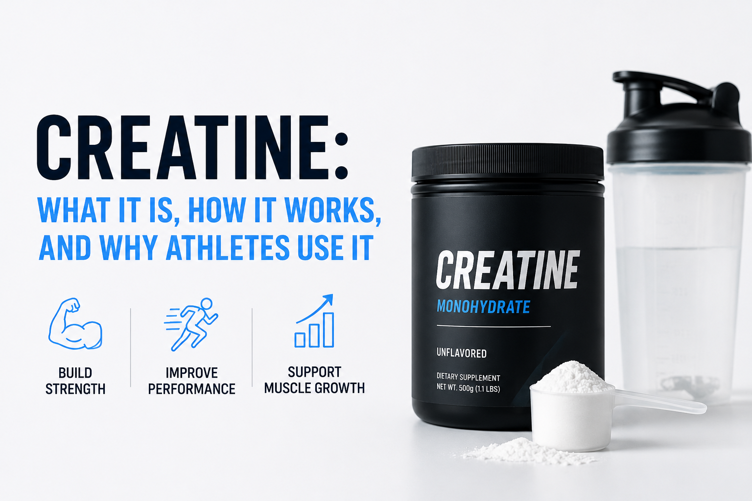 Creatine monohydrate powder in a scoop next to a gym weight