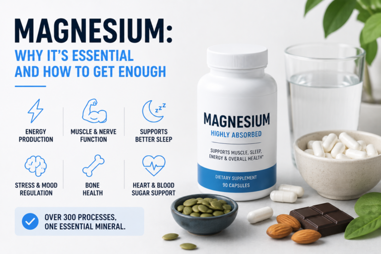 Magnesium supplements and capsules next to green leafy vegetables and nuts