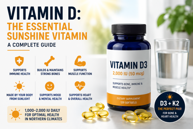 Vitamin D capsules next to a sunny window with sunlight coming through